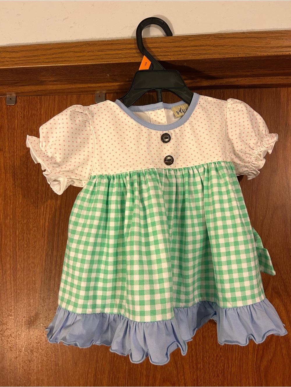 Girls Green Gingham & Blue Ruffle Dress by